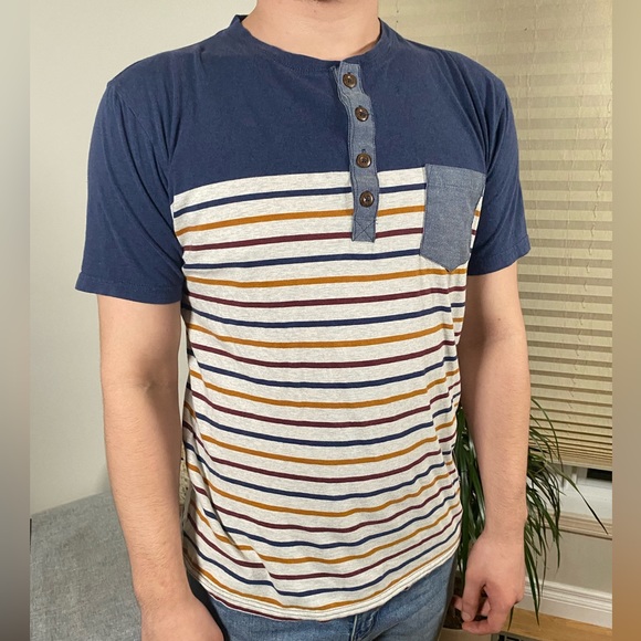 Djab Mens Faux Button Up Blue and Cream with Stripes Pocket T-Shirt Medium - Picture 1 of 5